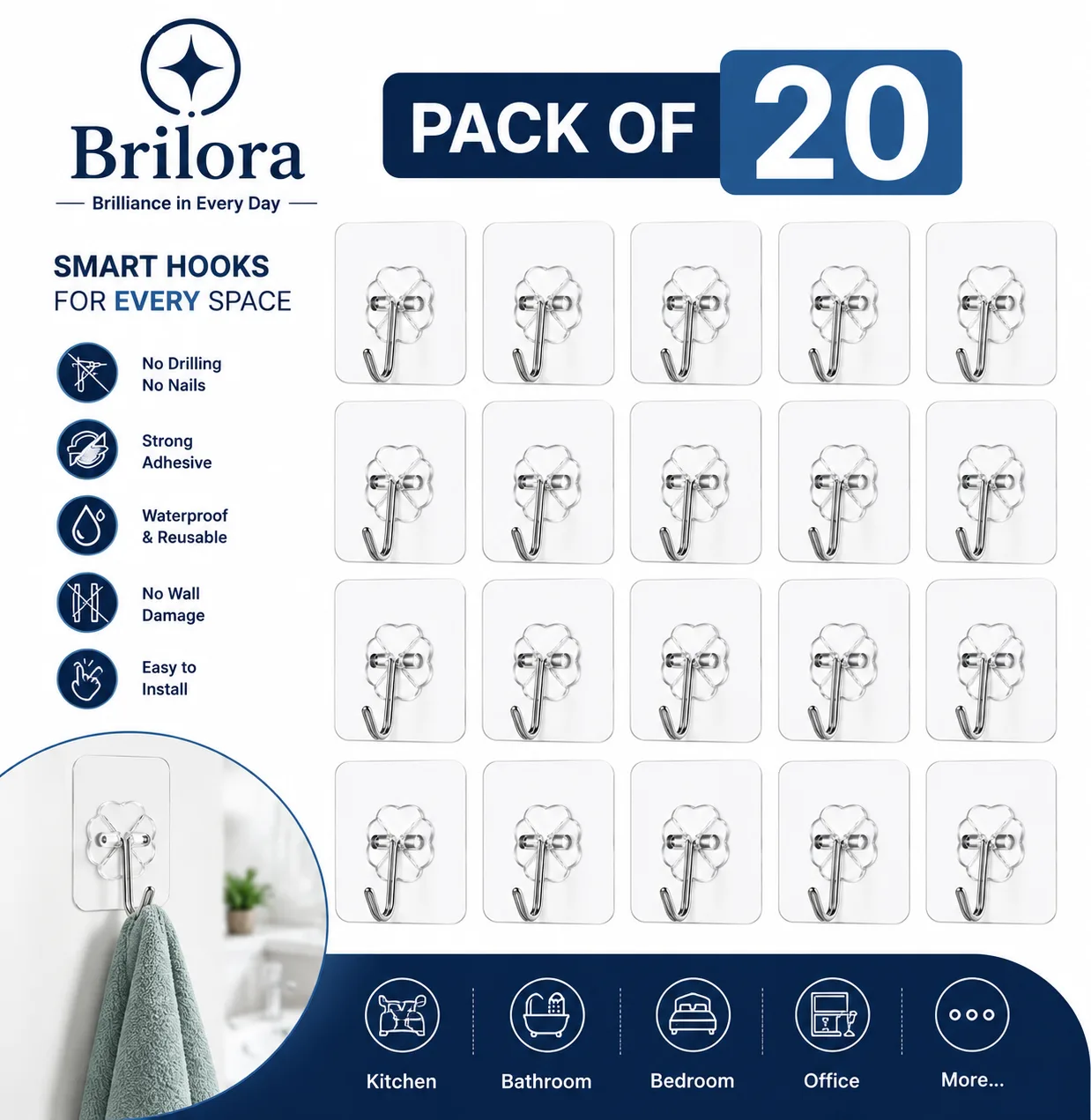 Brilora Transparent Self Adhesive Wall Hooks Pack of 20 | Strong Waterproof Reusable No Drill Sticky Hooks for Kitchen, Bathroom, Bedroom, Office & Home Organization