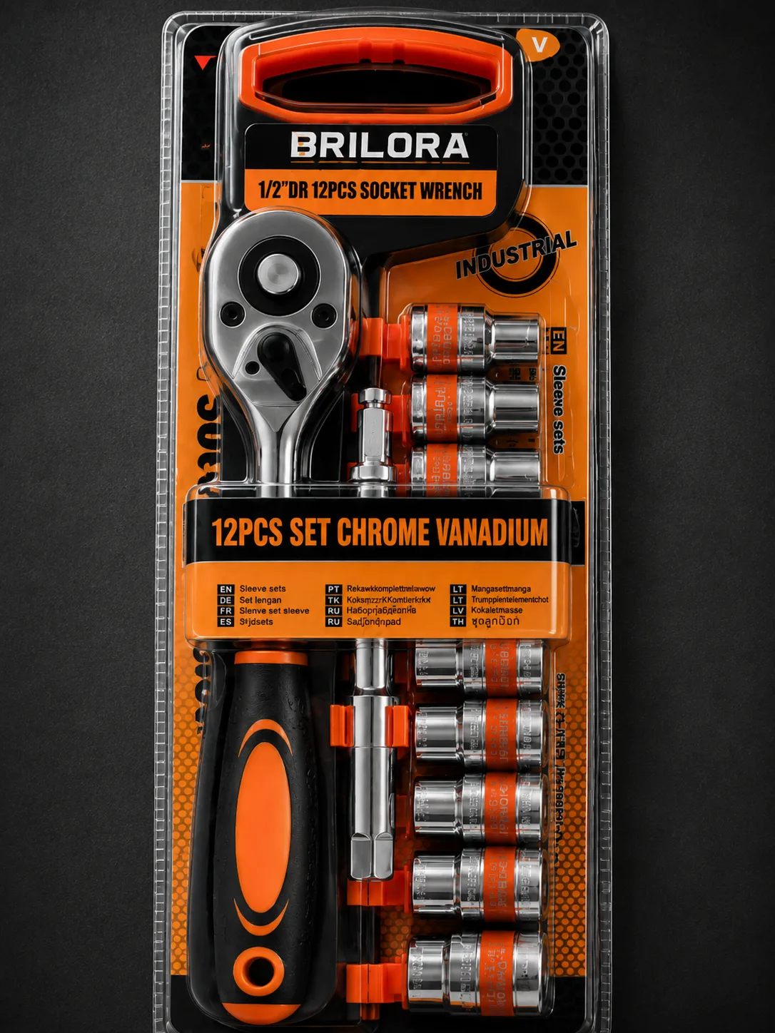 Brilora 12 Pcs Socket Wrench Set, Chrome Vanadium Steel Ratchet Tool Kit with Extension Bar & Spark Plug Socket, Heavy Duty Repair Tools for Home, Car, Bike & Workshop Use