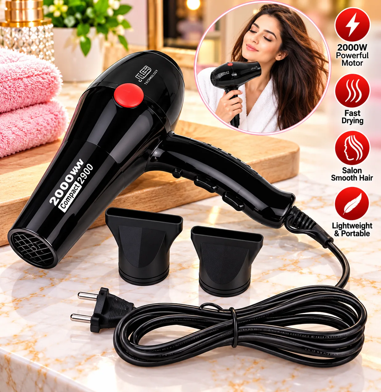 2000W professional hair dryer with 2 nozzles