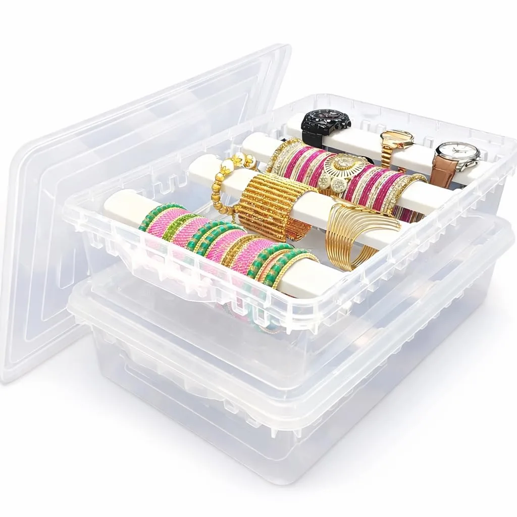 4 Rod Adjustable Bangle Organizer Box with Transparent Lid for Jewelry Storage