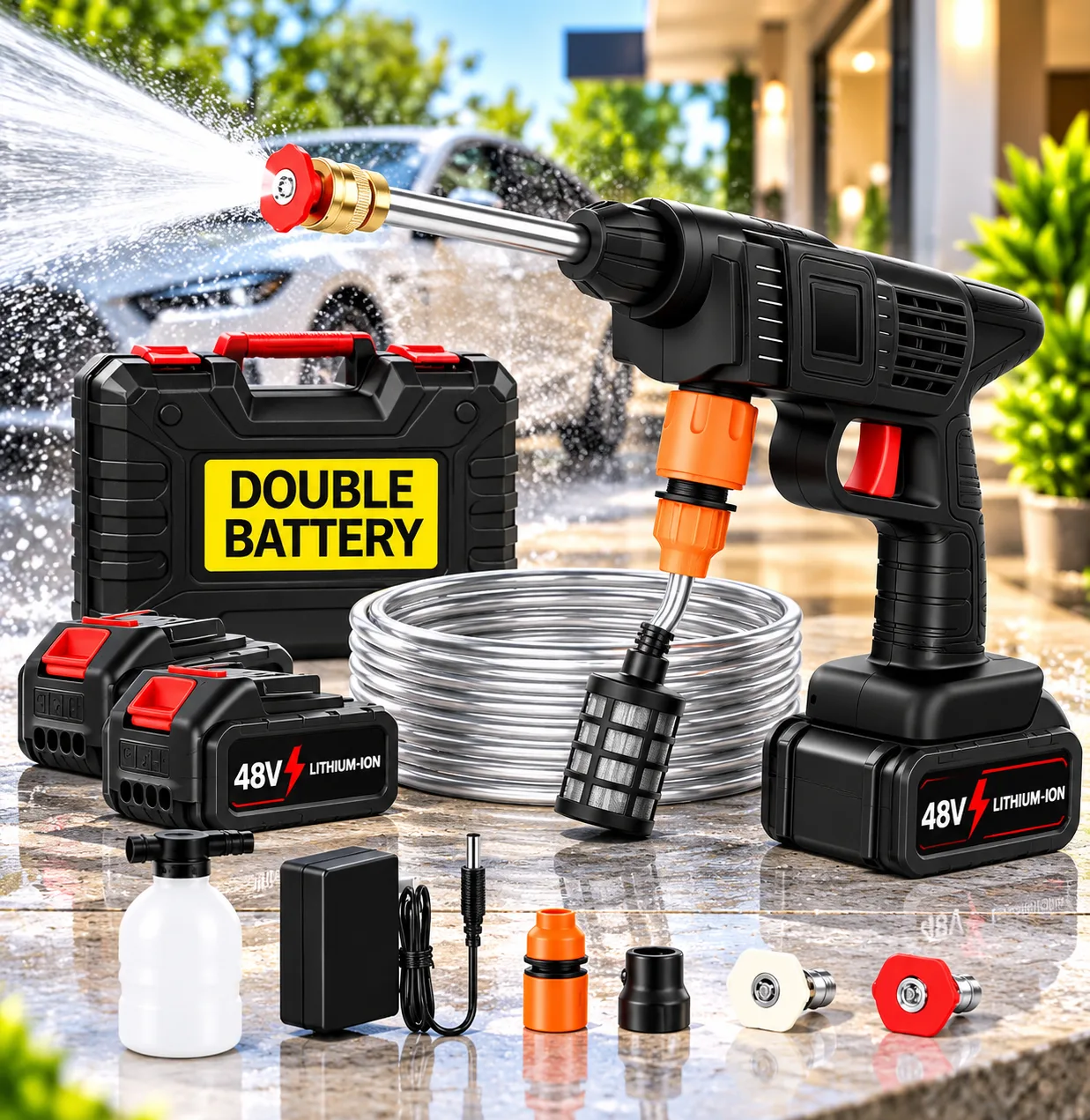 48V Cordless High Pressure Washer Gun – 12000mAh Double Battery Jet Spray for Car, Bike & Garden Cleaning