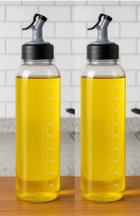 Oil Dispenser Bottle Set of 2 – 1000ml Transparent Kitchen Container with Nozzle Cap for Cooking Oil and Vinegar