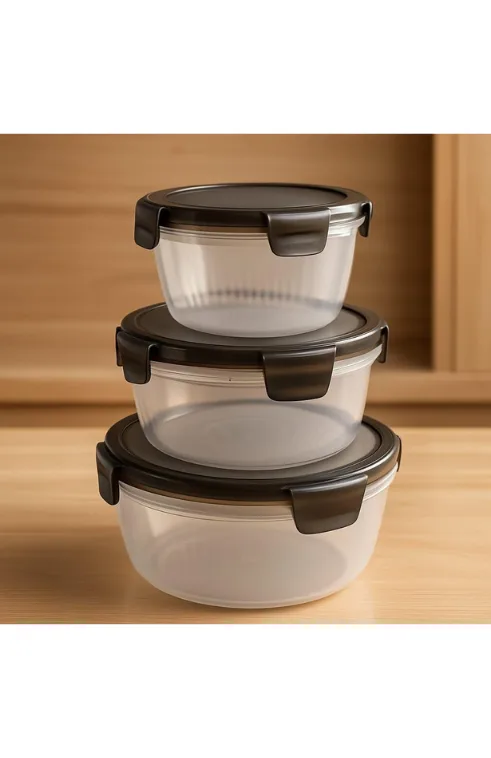 Airtight Food Storage Containers Set of 3 – Leak-Proof Plastic Round Boxes with Lock Lids for Kitchen and Lunch