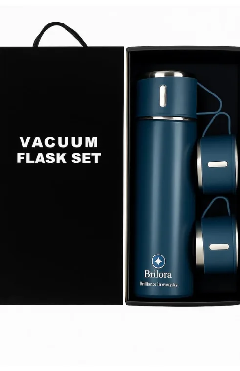 Double Wall Stainless Steel Thermo Bottle 500ml with 2 Cups – Vacuum Insulated Hot & Cold Flask for Travel, Office & Outdoor Use