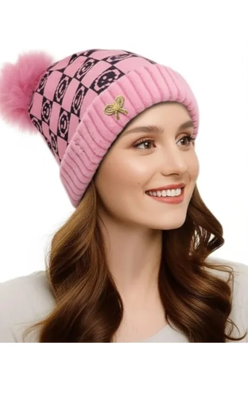 Women’s Winter Woolen Beanie Cap with Pom-Pom – Soft Knitted Warm Hat