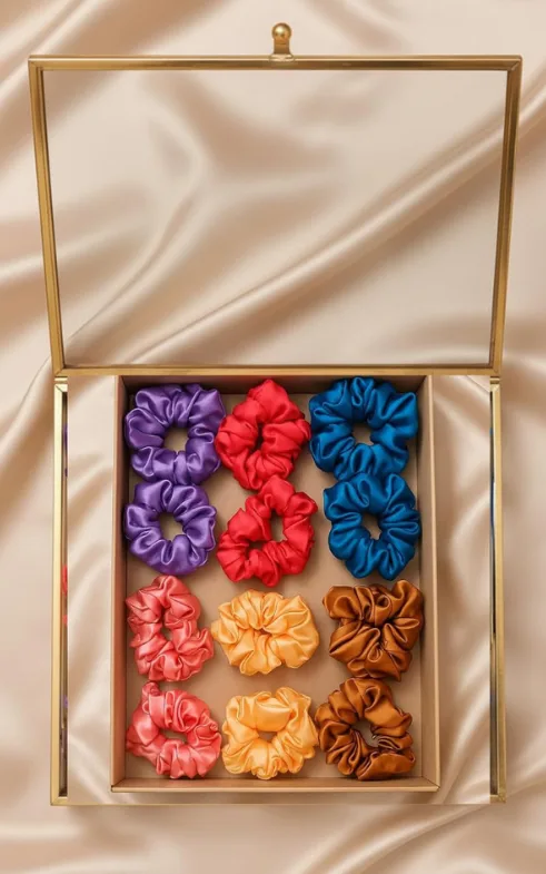 Premium Satin Scrunchies Set – 12 Colourful Hair Ties in Gift Box