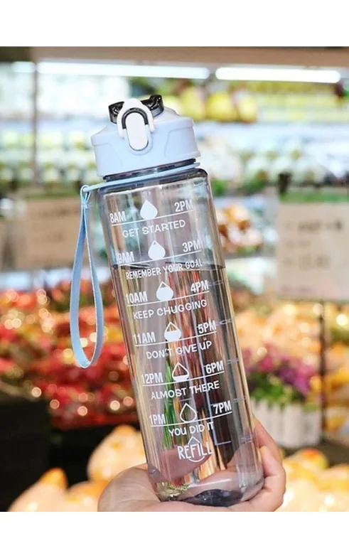 Transparent Motivational Water Bottle with Time Marker, 900 ml, Leakproof, BPA-Free, Non-Toxic, Durable Fitness Bottle for Gym, Indoor and Outdoor Use