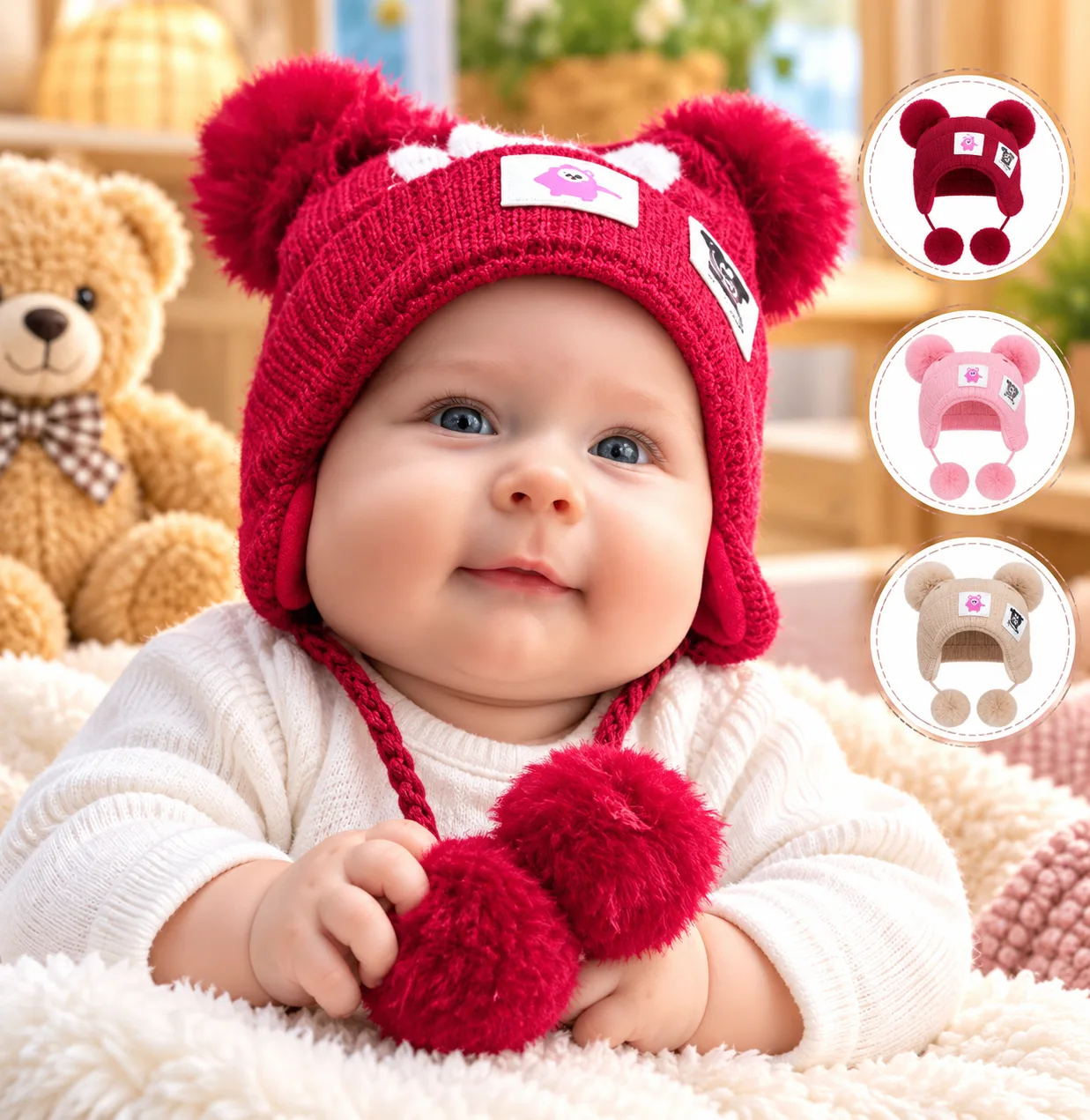 Baby Winter Woolen Cap with Ear Cover – Warm Knitted Beanie for Kids