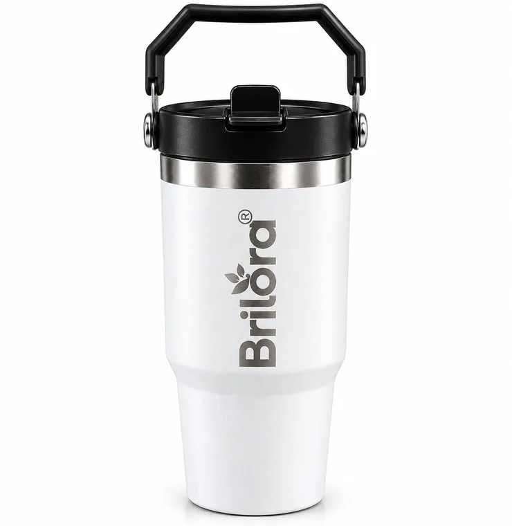 Brilora Personalised Tumbler with Custom Name | Insulated Stainless Steel Travel Cup with Handle & Straw | Reusable Coffee & Water Cup | Gift for Men & Women