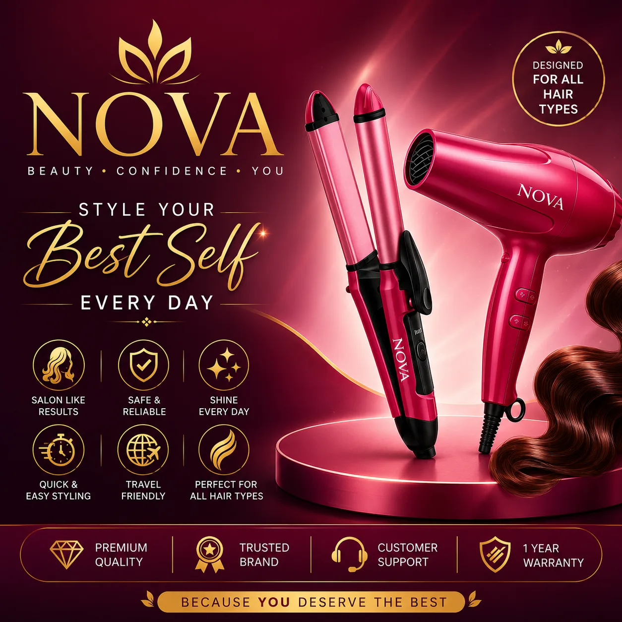 NOVA 2-in-1 Hair Styler & 1800W Hair Dryer Combo | Hair Straightener, Curler & Fast Drying Hair Dryer | Salon Style Hair Styling Set for Women