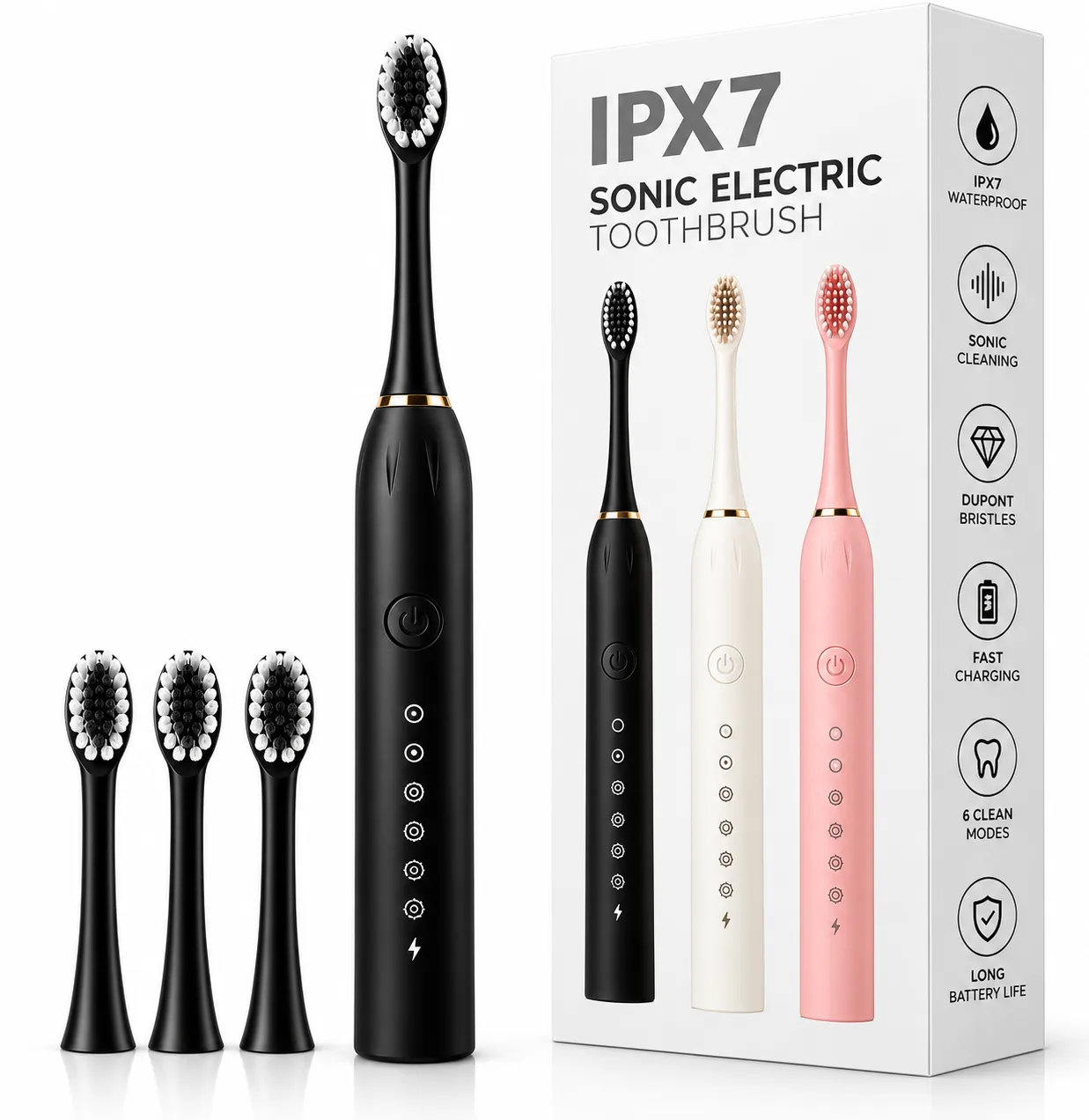 Multi Colour Sonic Electric Toothbrush with 6 Cleaning Modes, IPX7 Waterproof, USB Fast Charging and Soft Bristles