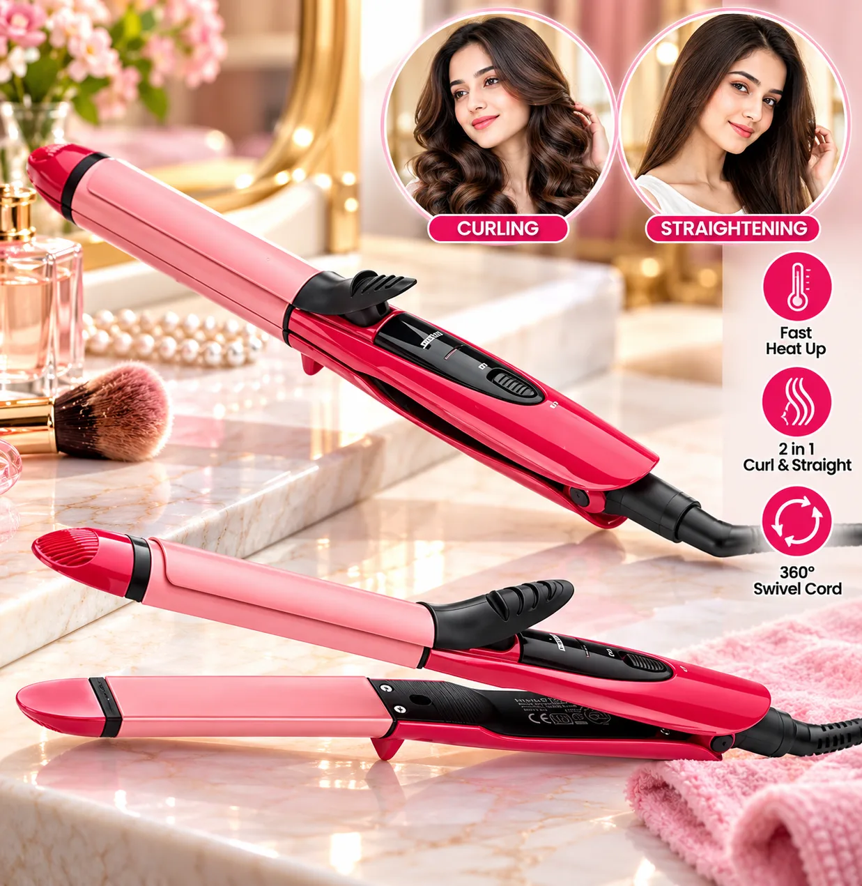 2-in-1 Hair Straightener and Curler – Ceramic Tourmaline Styling Tool